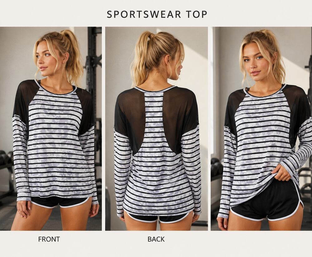 Betsey Johnson Striped Mesh Back Long Sleeve Top Size Small Black White Athletic